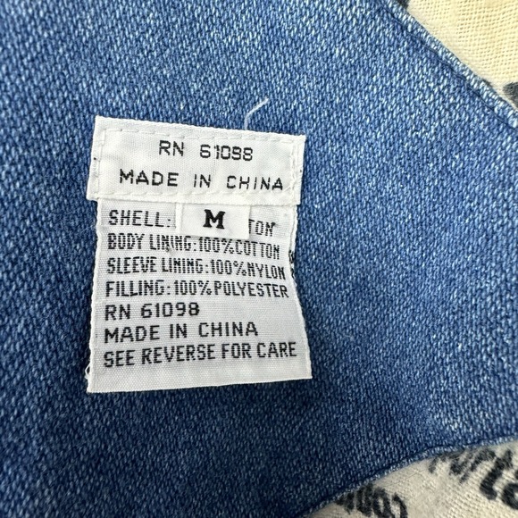 VTG 90s Women's Denim Bomber Jacket AOP Newspaper Print Lined Blue Jean Coat M - Picture 7 of 12